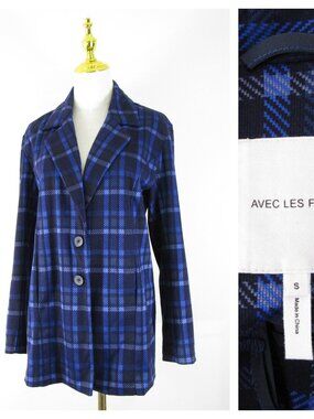 Anthropologie Avec Les Filles Blue Navy Plaid Blazer Jacket Size S Formal Career